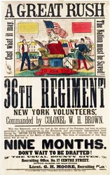 A Great Rush, rekrutteringsplakat for 36. regiment, utgitt av Baker & Goodwin