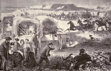 Et vogntog ble dannet til en innhegning på Oregon Trail