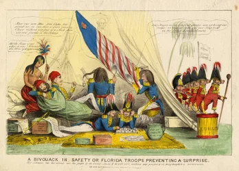 En bivuakk i sikkerhet, eller Florida-tropper som forhindrer en overraskelse, utgitt av H R Robinson, New York, ca. 1839