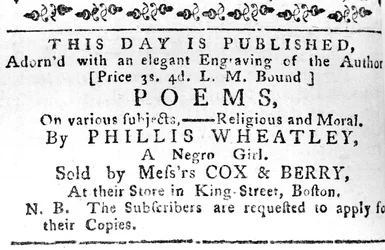 Annonse for Phillis Wheatleys første bok, fra Boston Gazette, 7. februar 1774 (avispapir)