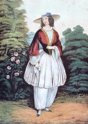 Amelia Jenks Bloomer iført 'Bloomer'-kostymet, utgitt av N. Currier