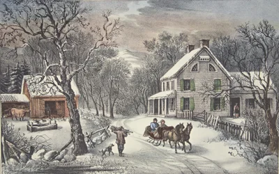 American Homestead - Vinter, pub. 1868, Currier & Ives