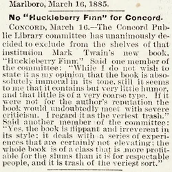 Artikkel i Boston Daily Globe angående forbud mot Huckleberry Finn i Concord, Massachusetts, fra 16. mars 1885 (avispapir)