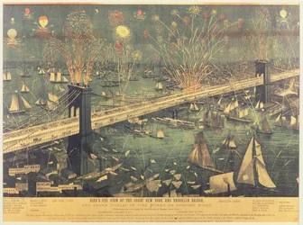 Fugleperspektiv over Great New York og Brooklyn Bridge og den store fyrverkeriet på åpningskvelden i 1883