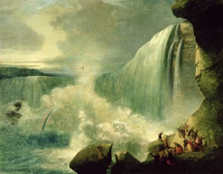 Blondin krysser Niagarafallene på et stramt tau, ca. 1859-60