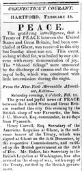 Bredside kunngjør fred mellom USA og Storbritannia etter krigen i 1812, trykt i Connecticut Courant, 1815 (trykk)