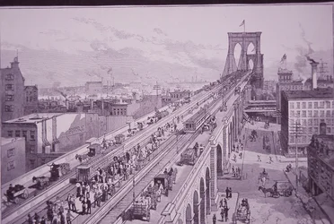 Brooklyn Bridge like etter åpningsseremonien, publisert 26. mai 1883 (gravering)