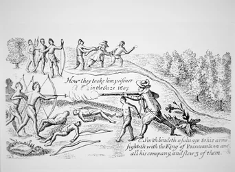 Kaptein John Smith blir tatt til fange av indianerne, fra Smiths Generall Historie of Virginia, New England & the Summer Isles'