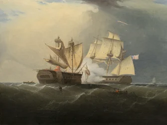 Fangst av H.M.S. Makedonsk av U.S. Fregate United States, etter Thomas Birch, 1813