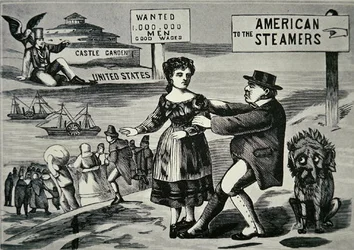 Tegneserie som viser John Bull som prøver å stoppe den økende strømmen av arbeidere til USA, ca. 1850 (gravering)