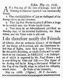 Feiring av opphevelsen av stempelloven, fra Boston Gazette, 19. mai, 1766 (avispapir)
