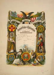 Sertifikat for medlemskap i Ancient Order of Hibernians of America, ca. 1894 (fargelitografi)