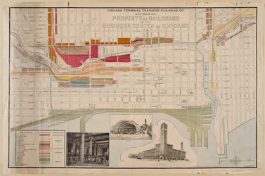 Kart over Chicago Terminal Transfer Railroad Co. som viser jernbaneeiendommer i Chicagos forretningssenter, ca. 1898