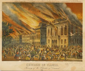 Chicago in Flames: Burning of the Chamber of Commerce (farge litho)