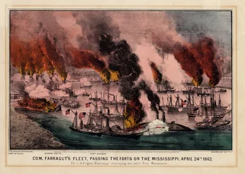 Com. Farraguts flåte, passerer fortene på Mississippi, 24. april 1862, pub. av Currier & Ives, 1862