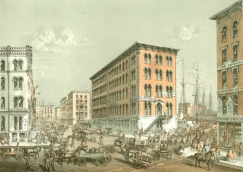 Corner of Clark and South Water Street, fra Chicago Illustrated, med litterære beskrivelser av James W. Sheahan, utgitt av Jevne & Almini, Chicago, 1866-67