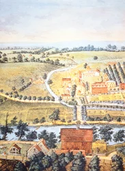 Dyrket jordbruksland i Pennsylvania i 1750 (farge litho)