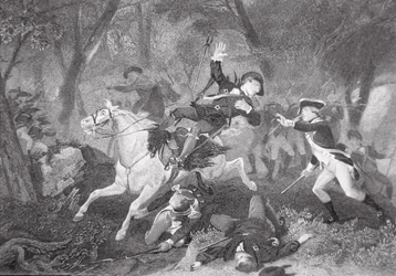 Patrick Fergusons død i slaget ved King's Mountain, 7. oktober 1780 (litho)