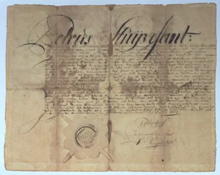 Skjøte signert av Peter Stuyvesant, generaldirektør for New Netherland, 15. mai 1664