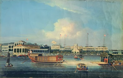 Fabrikker i Canton, fra havnen, Kina, 1850