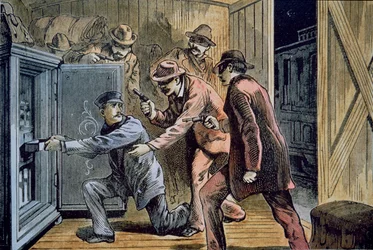 Frank og Jesse James Gang raner ekspressbilen til et tog i 1879 (farge litho)