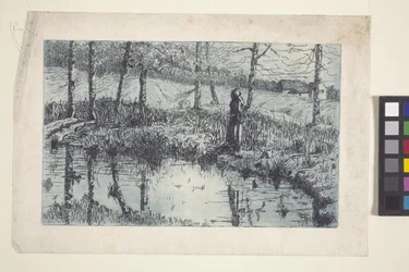 Girl By Pond (etsing og platetone trykt i blått)