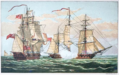 HMS Shannon vs den amerikanske Chesapeake i 1813 under krigen i 1812 (farge litho)