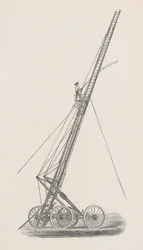 Illustrasjon av slangeheis og lastebil nr. 1. fra rapporten fra politistyret i brannvesenet til fellesrådet i Chicago, s. 70., 1872 (tregravering)
