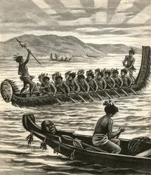 Illustrasjon av maorikrigere i kanoer