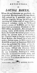 Introduksjonsside til The Adventures of Louisa Baker trykt av Luther Wales, New York, 1815