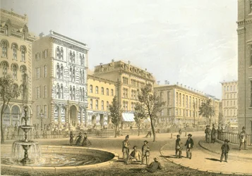 LaSalle Street fra Courthouse Square, fra Chicago Illustrated, med litterære beskrivelser av James W. Sheahan, utgitt av Jevne & Almini, Chicago, 1866-67