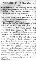 Brev som kunngjorde ankomsten av kapteinene Lewis og Clark, fra The Boston Intelligencer, 19. november 1806 (trykk)