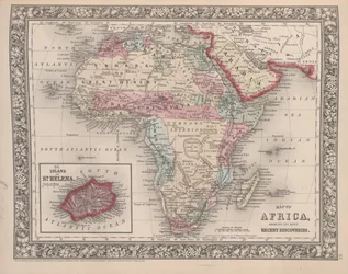 Kart over Afrika som viser de siste funnene med øya St. Helena innfelt fra Mitchells nye generelle atlas, 1863 (fargegravering)