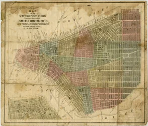 Kart over byen New York: utarbeidet eksplisitt for Smith Brother?s, en pris kleslager... utarbeidet av J.H. Colton & Co., 1854-1869 (svart og farget blekk på papir)