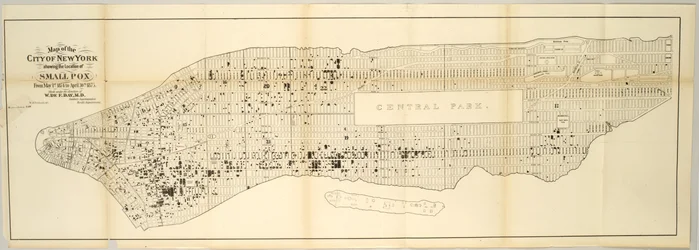 Kart over byen New York som viser plasseringen av kopper, fra 1. mai 1874 til 30. april 1875.