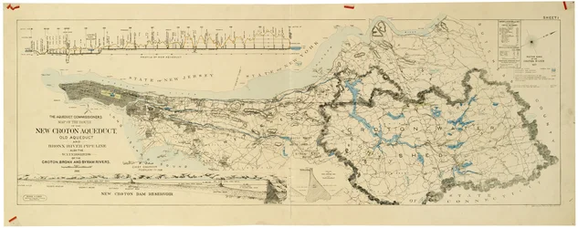 Kart over den nye Croton-akvedukten, den gamle akvedukten og Bronx River-rørledningen, også vannskillene til Croton, Bronx