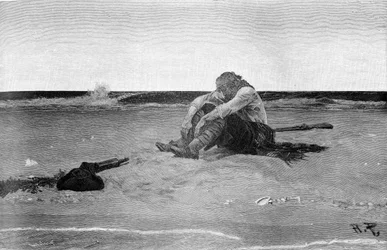 Marooned pirat etter "Buccaneers and Marooners of the Spanish Main" av Howard Pyle (1853 - 1911), amerikansk illustratør. Grisaille. 1887.