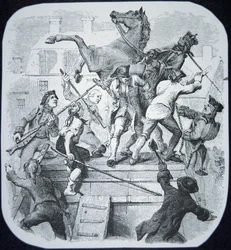 New York-opprørere trekker ned statuen av den forhatte George III av England (litho)