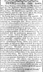 Nekrologside fra Boston Intelligencer, 16. mai 1818 (trykk)