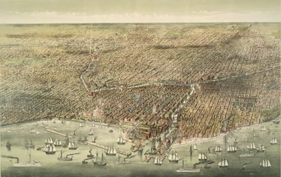 Panoramautsikt over byen Chicago, utgitt 1892 (fargelitografi)