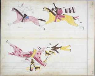 Pawnee jaget av Cheyenne og en hvit mann drept av Crooked Lance, illustrasjon fra 'Black Horse Ledger'