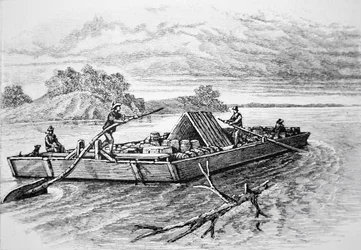 Pioneer flatbåt på Mississippi-elven, ca. 1840 (gravering)