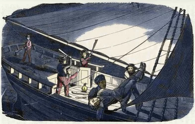 Piraten Charles Gibbs (tidlig på 1800-tallet) dreper kaptein Thornby og kaster ham i havet. Gravering av «Piratens egen bok» 1837.