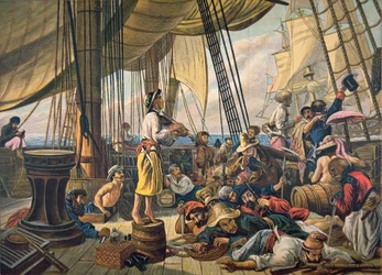 Pirater som forsøker å hindre et amerikansk marineskip ved å utgi seg for å være et uskyldig handelsfartøy (farge litho)