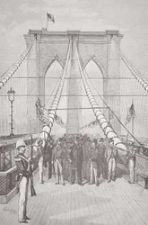 President Chester A. Arthur ved åpningsseremonien til den nye Brooklyn Bridge, 24. mai 1883 (litho)