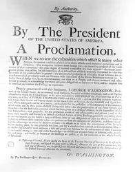 Erklæring fra president George Washington (1732-99) som skiller ut torsdag 19. februar som en dag med offentlig takke- og bønn, 1795 (avispapir)