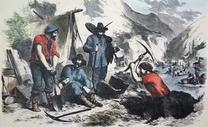 Prospektører under California Gold Rush i 1849 (farge litho)
