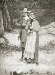 Puritanere på vei til kirken, fra «En kort historie om USA», utgitt av A. S. Barnes and Co. i 1885