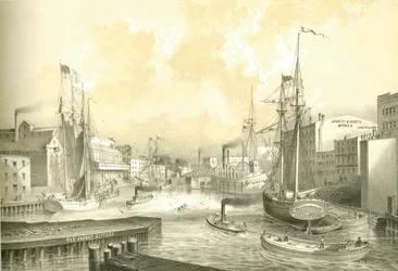 Rush Street Bridge, View from State Street, fra Chicago Illustrated, med litterære beskrivelser av James W. Sheahan, utgitt av Jevne & Almini, Chicago, 1866-67