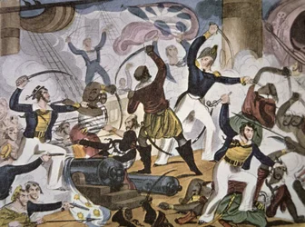 Sjømenn fra Royal Navy går ombord i Algerine piratfartøy, ca. 1820 (farge litho)